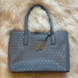 Calvin Klein Dusty Blue Perforated Large Tote Bag with Silver Underlay